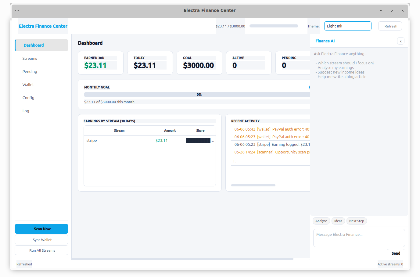 Electra Finance GUI — stream management dashboard